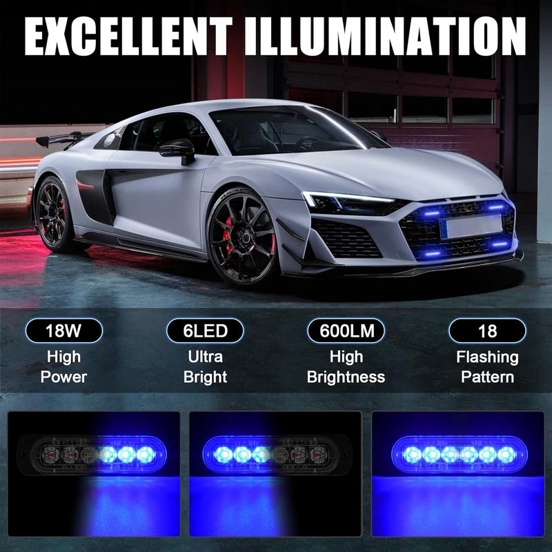XTAUTO 10pcs LED Emergency Strobe Light, Blue 6-LED Ultra Slim Surface Mount Flashing Warning Beacon Hazard Construction Caution Grille Light Bar for Truck Car Off Road Vehicles - Image 2